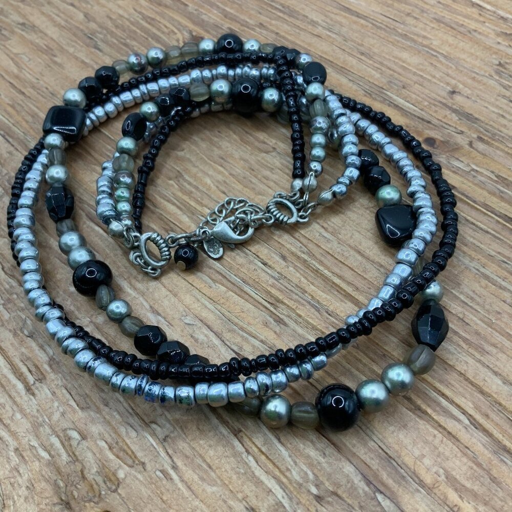 Premier Designs Triple Stands Black Gray Beaded Silver Tone Necklace